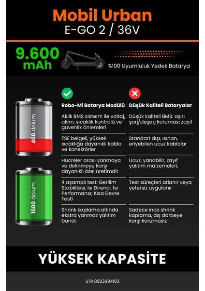 Mobil Urban E-Go 2 / 36V 9600MAH Elektrikli Scooter Bataryası - Koruma Katmanlı Batarya Teknolojisi