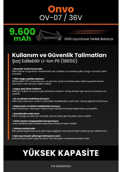 Onvo Ov-07 / 36V 9600MAH Elektrikli Scooter Bataryası - Koruma Katmanlı Batarya Teknolojisi