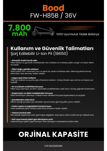 Bood FW-H85B / 36V 7800MAH Elektrikli Scooter Bataryası - Sertifikalı Güvenlik, Gerçek Kapasite