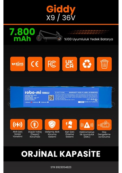 Giddy X9 / 36V 7800MAH Elektrikli Scooter Bataryası - Sertifikalı Güvenlik, Gerçek Kapasite modelleri