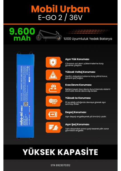 Mobil Urban E-Go 2 / 36V 9600MAH Elektrikli Scooter Bataryası - Yüksek Yoğunluklu Li-Ion Hücre indirimleri
