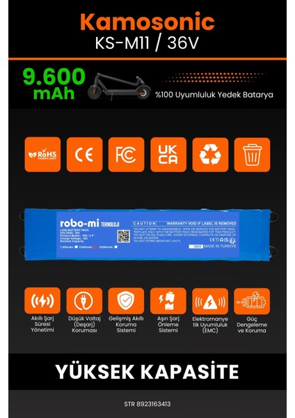 Kamosonic KS-M11 / 36V 9600MAH Elektrikli Scooter Bataryası - Sertifikalı Güvenlik, Gerçek Kapasite modelleri