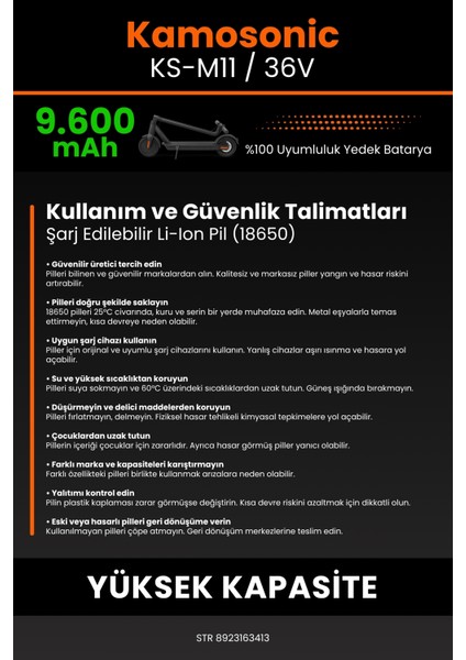 Kamosonic KS-M11 / 36V 9600MAH Elektrikli Scooter Bataryası - Sertifikalı Güvenlik, Gerçek Kapasite