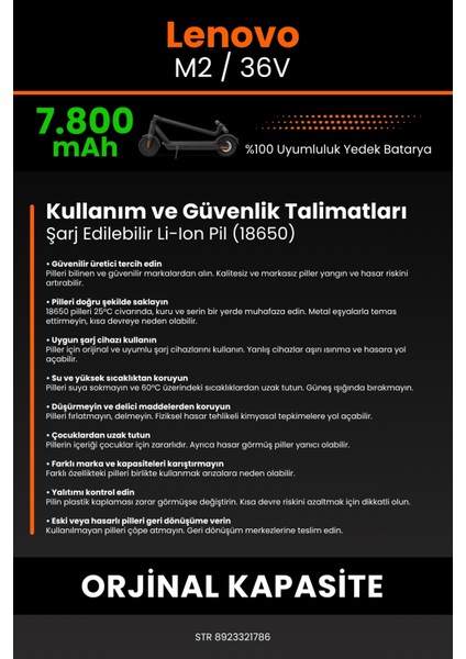 Lenovo M2 / 36V 7800MAH Elektrikli Scooter Bataryası - Koruma Katmanlı Batarya Teknolojisi