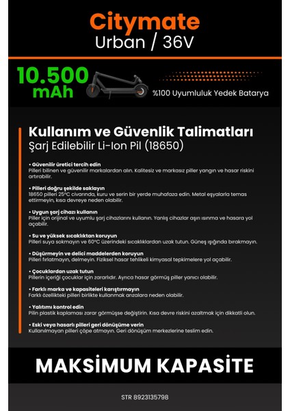 Citymate Urban / 36V 10500MAH Elektrikli Scooter Bataryası - Gerçek Kapasite, Maksimum Güvenlik