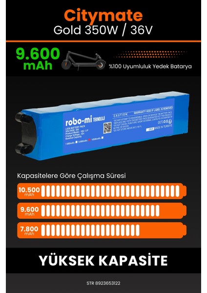 Citymate Gold 350W / 36V 9600MAH Elektrikli Scooter Bataryası - Yüksek Yoğunluklu Li-Ion Hücre fırsatları