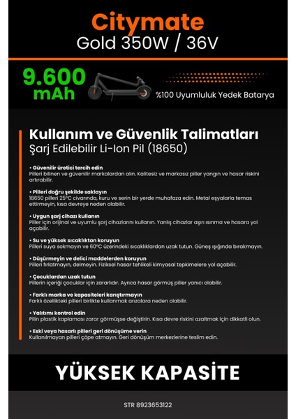 Citymate Gold 350W / 36V 9600MAH Elektrikli Scooter Bataryası - Yüksek Yoğunluklu Li-Ion Hücre