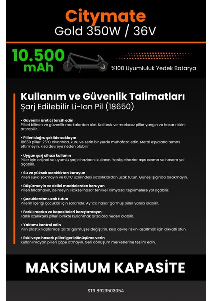 Citymate Gold 350W / 36V 10500MAH Elektrikli Scooter Bataryası - Sertifikalı Güvenlik