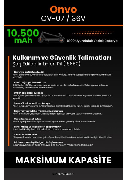 Onvo Ov-07 / 36V 10500MAH Elektrikli Scooter Bataryası - Koruma Katmanlı Batarya Teknolojisi