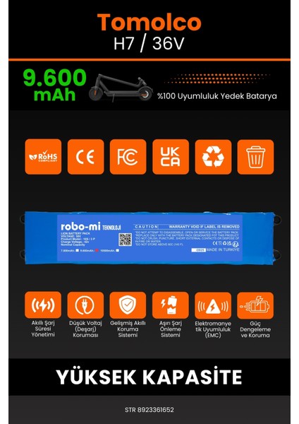 Tomolco H7 / 36V 9600MAH Elektrikli Scooter Bataryası - Yüksek Yoğunluklu Li-Ion Hücre modelleri