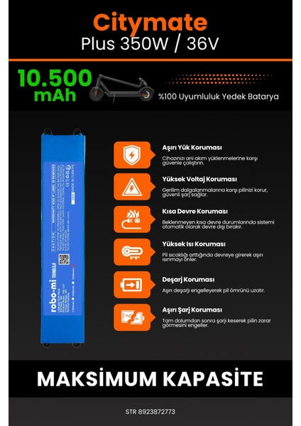 Citymate Plus 350W / 36V 10500MAH Elektrikli Scooter Bataryası - Sertifikalı Güvenlik indirimleri
