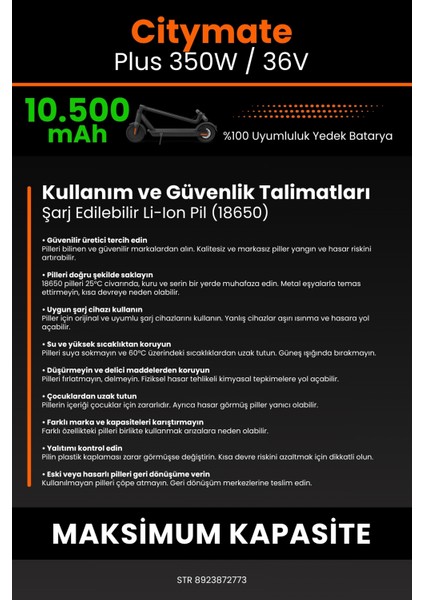 Citymate Plus 350W / 36V 10500MAH Elektrikli Scooter Bataryası - Sertifikalı Güvenlik