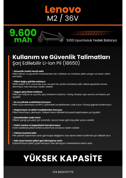 Lenovo M2 / 36V 9600MAH Elektrikli Scooter Bataryası - Koruma Katmanlı Batarya Teknolojisi