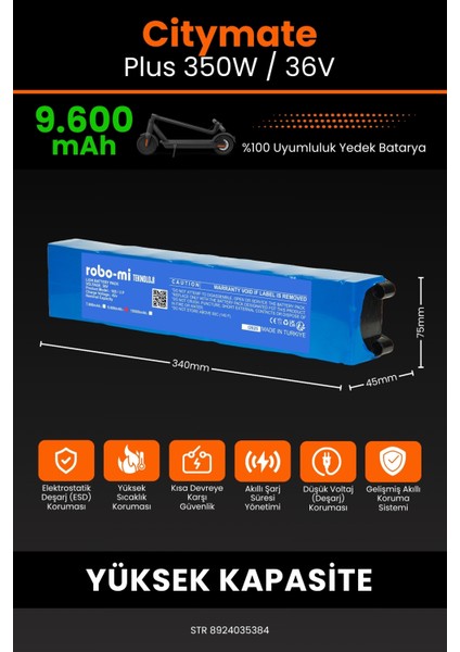 Citymate Plus 350W / 36V 9600MAH Elektrikli Scooter Bataryası - Yüksek Yoğunluklu Li-Ion Hücre fiyatları