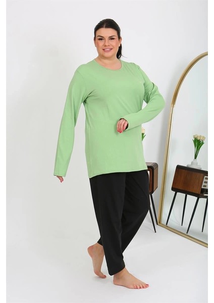 Kadın Büyük Beden Uzun Kol Penye Pijama Takımı Fıstık Yeşili fırsatları