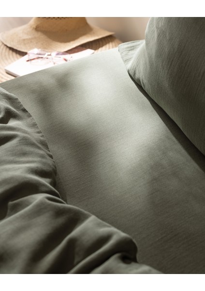 Marla Müslin Tek Kişilik %100 Pamuk Lastikli Nevresim Takımı - Haki