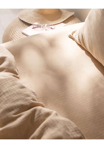 Marla Müslin Tek Kişilik %100 Pamuk Lastikli Nevresim Takımı - Bej