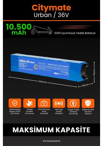 Citymate Urban / 36V 10500MAH Elektrikli Scooter Bataryası - Yüksek Yoğunluklu Li-Ion Hücre fiyatları