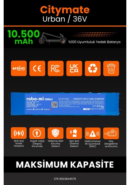 Citymate Urban / 36V 10500MAH Elektrikli Scooter Bataryası - Yüksek Yoğunluklu Li-Ion Hücre modelleri