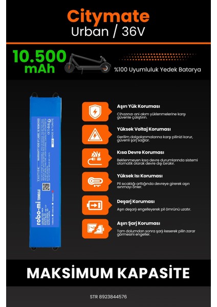 Citymate Urban / 36V 10500MAH Elektrikli Scooter Bataryası - Yüksek Yoğunluklu Li-Ion Hücre indirimleri