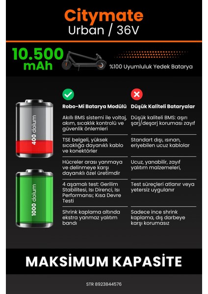 Citymate Urban / 36V 10500MAH Elektrikli Scooter Bataryası - Yüksek Yoğunluklu Li-Ion Hücre