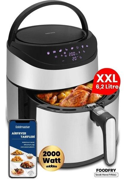 Taşınabilir 2000W Inox Dokunmatik Hava Fritözü, Özel Tasarım Tutma Kolu