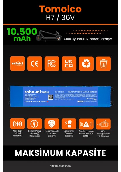 Tomolco H7 / 36V 10500MAH Elektrikli Scooter Bataryası - Sertifikalı Güvenlik, Gerçek Kapasite modelleri