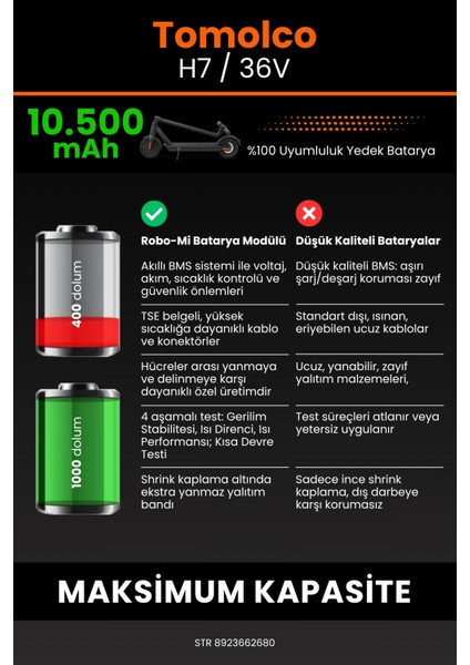 Tomolco H7 / 36V 10500MAH Elektrikli Scooter Bataryası - Sertifikalı Güvenlik, Gerçek Kapasite