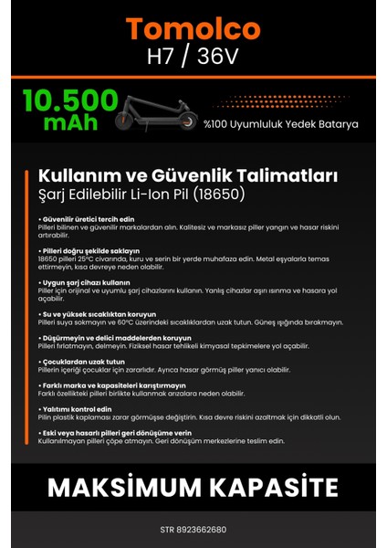 Tomolco H7 / 36V 10500MAH Elektrikli Scooter Bataryası - Sertifikalı Güvenlik, Gerçek Kapasite