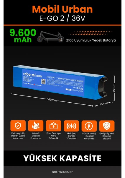 Mobil Urban E-Go 2 / 36V 9600MAH Elektrikli Scooter Bataryası - Sertifikalı Güvenlik fiyatları