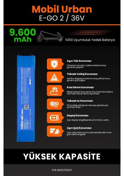 Mobil Urban E-Go 2 / 36V 9600MAH Elektrikli Scooter Bataryası - Sertifikalı Güvenlik indirimleri