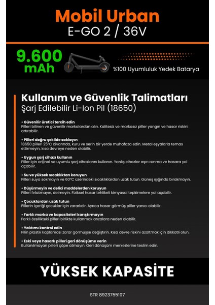 Mobil Urban E-Go 2 / 36V 9600MAH Elektrikli Scooter Bataryası - Sertifikalı Güvenlik