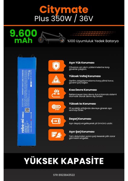 Citymate Plus 350W / 36V 9600MAH Elektrikli Scooter Bataryası - Sertifikalı Güvenlik indirimleri