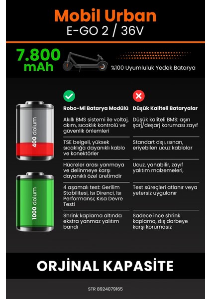 Mobil Urban E-Go 2 / 36V 7800MAH Elektrikli Scooter Bataryası - Yüksek Yoğunluklu Li-Ion Hücre