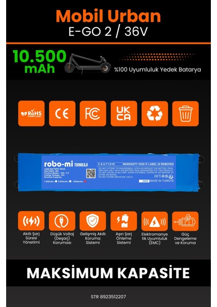 Mobil Urban E-Go 2 / 36V 10500MAH Elektrikli Scooter Bataryası - Koruma Katmanlı modelleri