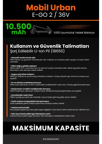Mobil Urban E-Go 2 / 36V 10500MAH Elektrikli Scooter Bataryası - Koruma Katmanlı