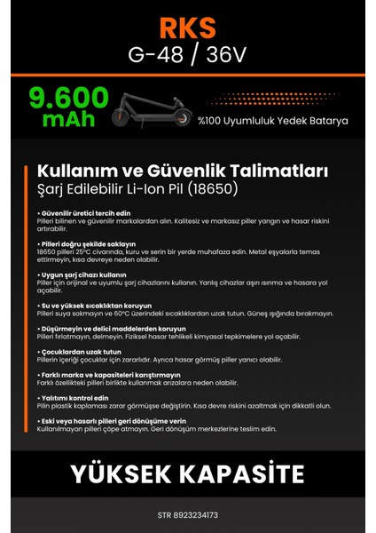 Rks G-48 / 36V 9600MAH Elektrikli Scooter Bataryası - Koruma Katmanlı Batarya Teknolojisi