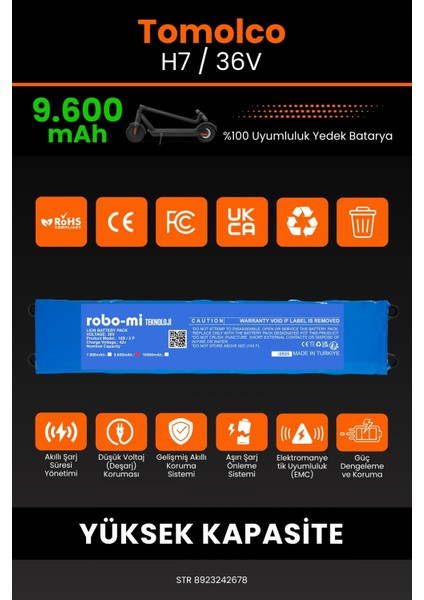 Tomolco H7 / 36V 9600MAH Elektrikli Scooter Bataryası - Koruma Katmanlı Batarya Teknolojisi modelleri
