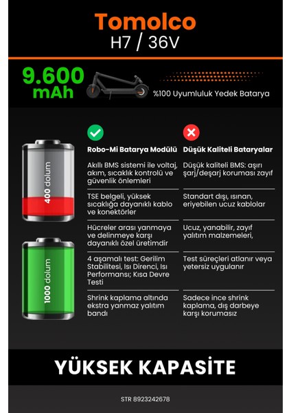 Tomolco H7 / 36V 9600MAH Elektrikli Scooter Bataryası - Koruma Katmanlı Batarya Teknolojisi