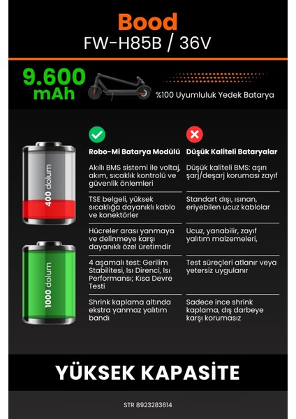 Bood FW-H85B / 36V 9600MAH Elektrikli Scooter Bataryası - Yüksek Yoğunluklu Li-Ion Hücre