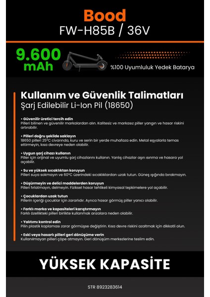 Bood FW-H85B / 36V 9600MAH Elektrikli Scooter Bataryası - Yüksek Yoğunluklu Li-Ion Hücre