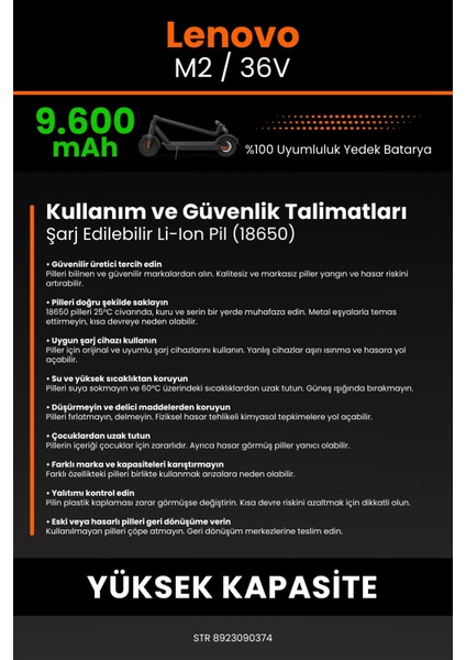 Lenovo M2 / 36V 9600MAH Elektrikli Scooter Bataryası - Yüksek Yoğunluklu Li-Ion Hücre
