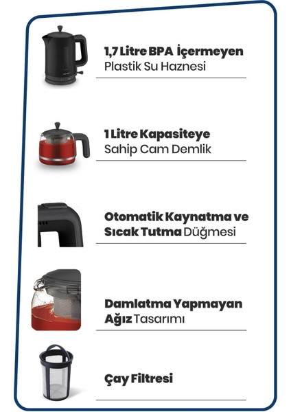 Cam Demlikli, Bpa Içermeyen, Şık Çay ve Su Isıtıcısı, Siyah Renk