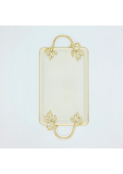 Krem Metal Dövmeli Dikdörtgen Sunum Tepsisi