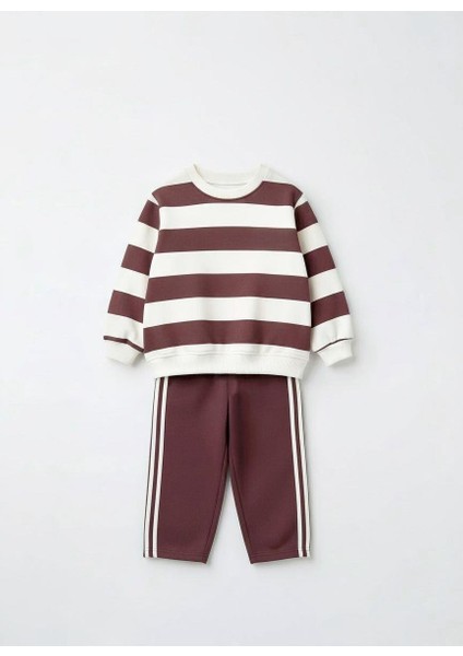 Unisex Çocuk Pamuklu Kahve Çizgili Sweatshirt ve Şeritli Eşofman Takım - Rahat Kesim