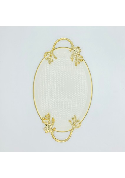 Krem Metal Dövmeli Oval Sunum Tepsisi