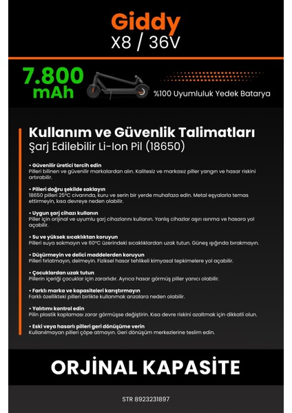 Giddy X8 / 36V 7800MAH Elektrikli Scooter Bataryası - Sertifikalı Güvenlik, Gerçek Kapasite