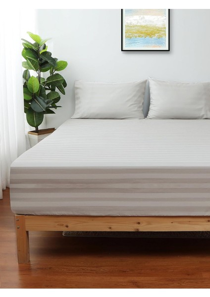 Pamuk Saten Lastikli Çarşaf Takımı Çizgili Çift Kişilik Beyaz/renkli Otel Tipi Lüx Yastıklı