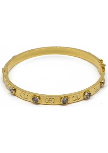 925 Ayar Gümüş Taşlı Kelepçe Gold Bileklik Kadın