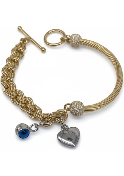 925 Ayar Gümüş Kalp Charm Nazar Boncuklu Burgu Model Bileklik Kadın